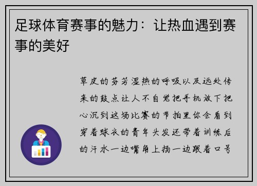 足球体育赛事的魅力：让热血遇到赛事的美好